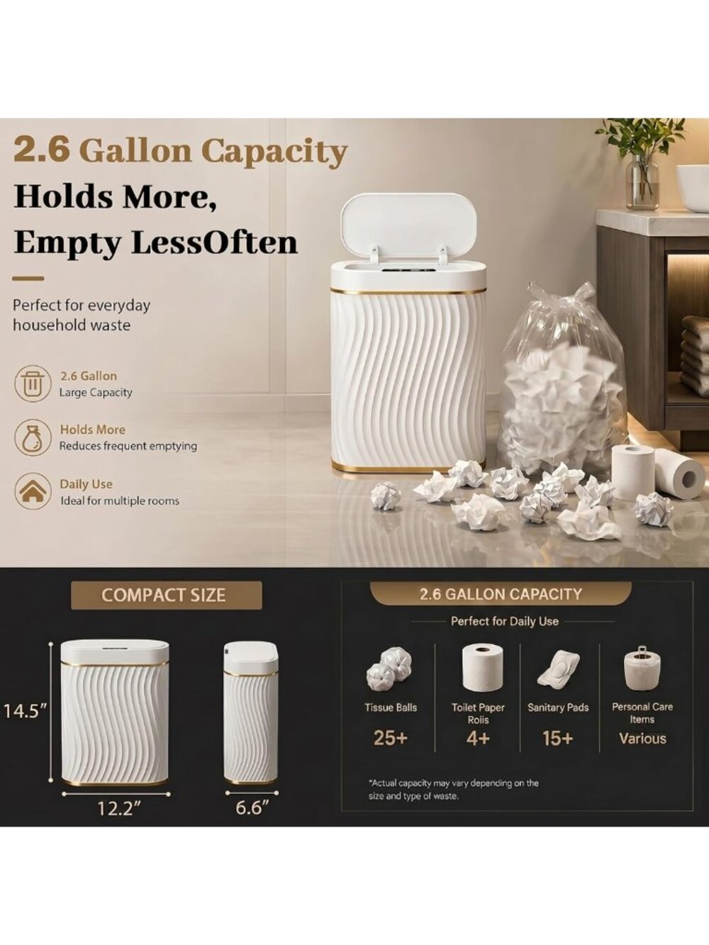 Touchless Motion Sensor Trash Can - 2.6 Gallon Slim Waterproof Bin for Home - Picture 7 of 8